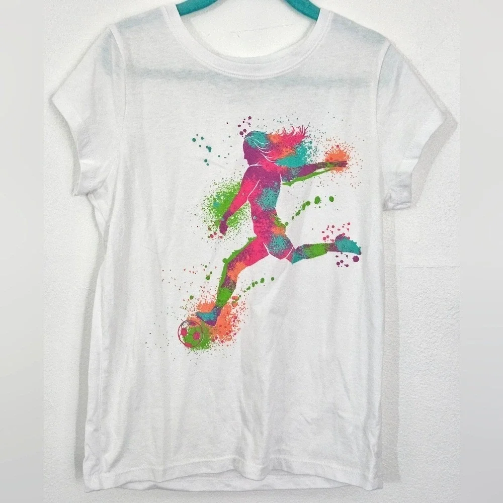The Childrens Place Girls White Soccer Graphic‎ T-Shirt Size M 7/8